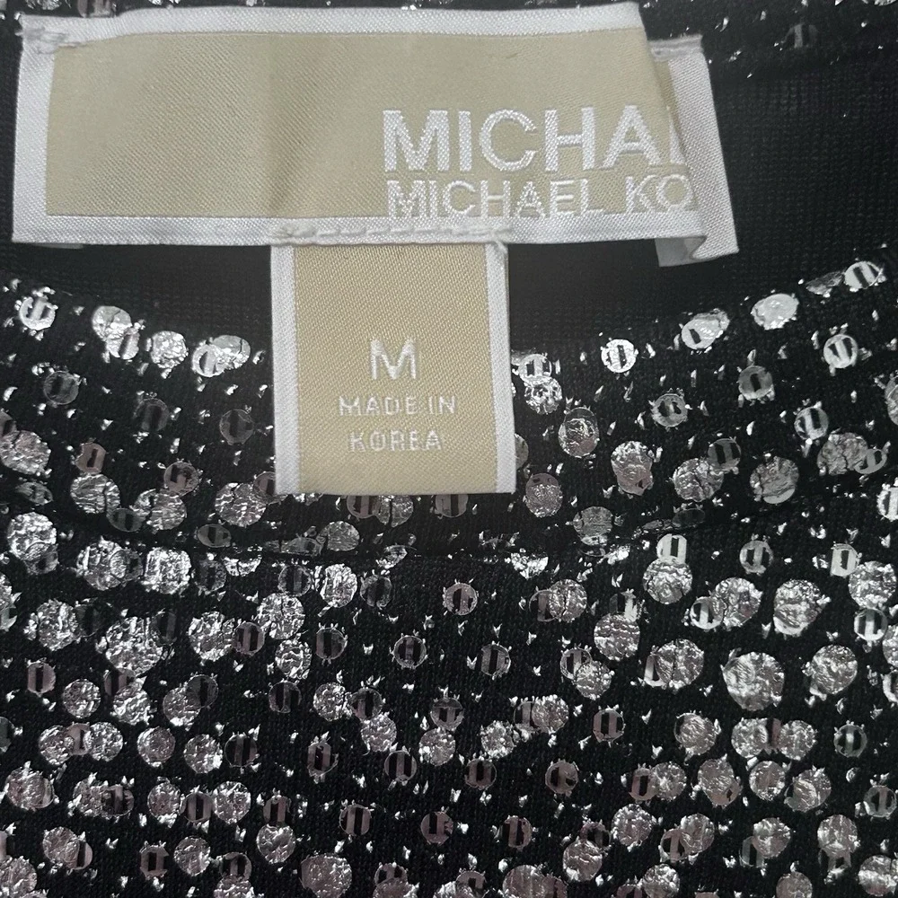 Michael Kors Cold Shoulder Black Silver Metallic Textured Scalloped Blouse M